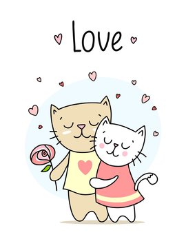 Two loving cats hugs and smiling. Happy Valentine`s day love vector illustration card