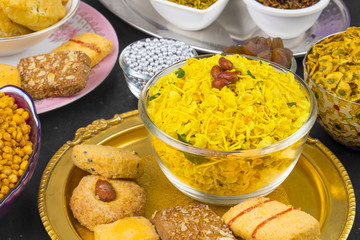 Indian Group of Diwali and Holi Celebration Food Namkeen, Chivda, Chiwada, Karanji, Namkin, Nimco, Mixture Namkeen, Masala Chana, Gujiya, Chana Chor Garam, Cookies, Biscuits or Mouth Freshner