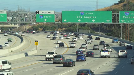 Heavy traffic on highway 5. Los Angeles freeway signs - August 2017: Highway 5, California, US