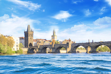 Fototapeta premium Beautiful view of Charles Bridge, Old Town and Old Town Tower of Charles Bridge, Czech Republic