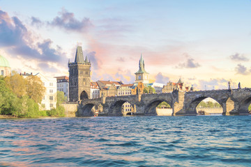 Beautiful view of Charles Bridge, Old Town and Old Town Tower of Charles Bridge, Czech Republic