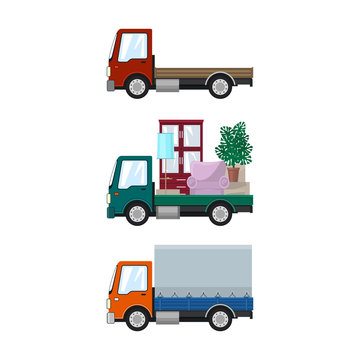 Set of Cargo Trucks Isolated, Red Lorry without Load , Car with Furniture, Small Closed Truck, Transport and Logistics, Delivery Services, Vector Illustration