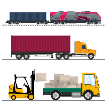 Set of Overland Freight Transport, Truck and Small Lorry with Boxes and Forklift Truck, Locomotive with Cargo Container , Shipping and Freight of Goods, Vector Illustration
