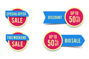 Sale round banner set, circle special offer tag collection. 50% off badge template, this weekend only sale icon