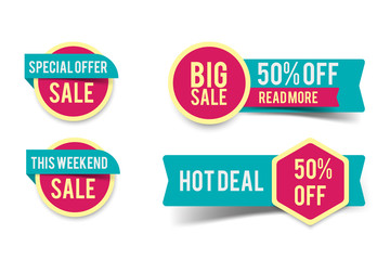 Sale round banner set, circle special offer tag collection. Hot deal 50% off badge template, this weekend only sale icon, vector elements, eps10