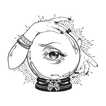 Hand drawn magic crystal ball with eye of providence in hands of fortune teller. Boho chic line art tattoo, poster or altar veil print design vector illustration.