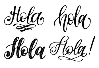 Set of handwritten phrase Hello in Spanish.Vector calligraphy on yellow background. © vladayoung