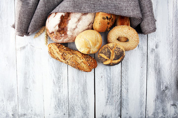Different kinds of bread and bread rolls. Kitchen or bakery poster design