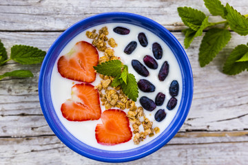 A delicious and healthy breakfast of yogurt with fresh fruit.
