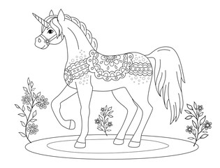 coloring page, fairy-tale unicorn in folk style