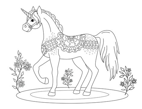Fototapeta coloring page, fairy-tale unicorn in folk style