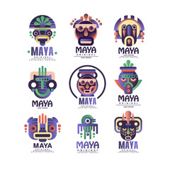 Maya logo original design set, emblems with ethnic mask, Aztec signs vector Illustrations on a white background