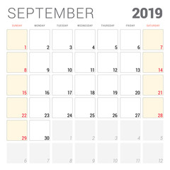 Calendar planner for September 2019. Week starts on Sunday. Printable vector stationery design template