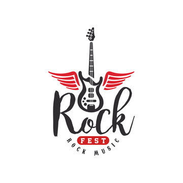 Rock music fest logo, emblem for Rock festival, guitar party, musical performance, design element can be used for poster, banner, flyer, print or stamp vector Illustration on a white background