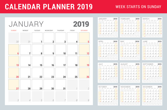 Calendar planner for 2019 year. Week starts on Sunday. Printable vector stationery design template. Set of 12 months