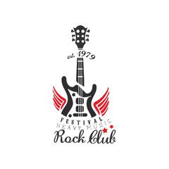 Rock club logo, heavy music festival est. 1979, design element with electric guitar can be used for poster, banner, flyer, print or stamp vector Illustration on a white background