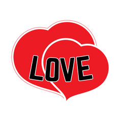 Red hearts on a white background with black inscription Love. Vector illustration.
