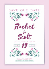 Save the date. Wedding invitation card design template with botanical desig elements. Stationery design. Vector illustration