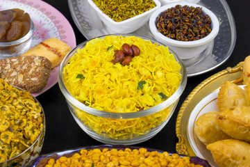Indian Group of Diwali and Holi Celebration Food Namkeen, Chivda, Chiwada, Karanji, Namkin, Nimco, Mixture Namkeen, Masala Chana, Gujiya, Chana Chor Garam, Cookies, Biscuits or Mouth Freshner