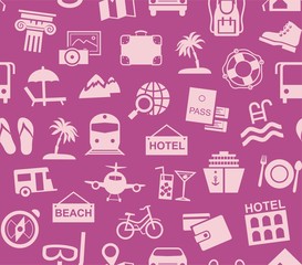 Travel, vacation, tourism, vacation, seamless pattern, purple, color, vector. Different types of holidays and ways of travelling. Pink pictures on the purple field. Vector, color background.  