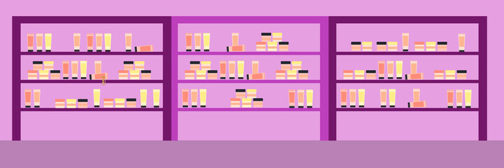 Cosmetics store with colorful cosmetic products in plastic bottles in shelves. Flat style illustration. - 205852535
