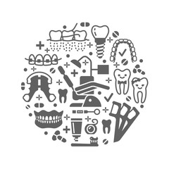 Dentist, orthodontics medical banner with vector glyph icons. Dental care equipment, braces, tooth prosthesis, veneers, floss, caries treatment. Health care poster silhouette signs dentistry clinic.