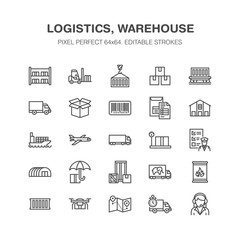 Cargo transportation flat line icons Trucking, express delivery, logistics, shipping, customs clearance, package, tracking labeling symbols. Transport thin signs freight services. Pixel perfect 64x64.