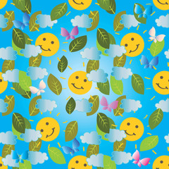 Colorful baby seamless pattern. Vector light blue cute background. Sky,  sun, clouds, butterflies, leaves. Beautiful design for baby wallpapers, fabric, textile, clothes, print. Happy summer holidays.