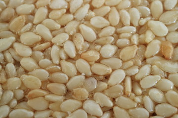 Picture of a candy. Sesame in sugar glaze.