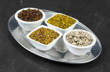 Indian Diwali Food Chewing Paan Masala And Sweet Sauf or Salted Goli on Dark Table