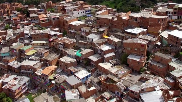 Medellin, Colombia, aerial view of Comuna 13 slums, once considered one of the most dangerous neighbourhoods in the world.