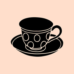 Silhouette of a cup and saucer for coffee, black on a pink background,