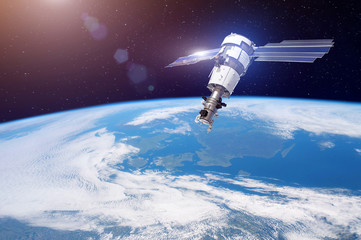 Research, probing, monitoring of in atmosphere. Satellite for monitoring the weather in the polar orbit above the Earth. Elements of this image furnished by NASA. - obrazy, fototapety, plakaty