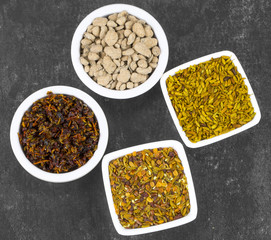 Indian Diwali Food Chewing Paan Masala And Sweet Sauf or Salted Goli on Dark Table