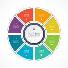 Infographic circle in thin line flat style. Business presentation template with 8 options, parts, steps. Vector illustration