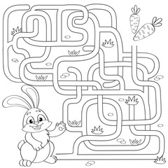 Fototapeta premium Pomóż małemu króliczkowi znaleźć drogę do marchewki. Labirynt. Gra labirynt dla dzieci. Czarno-biały ilustracja wektorowa do kolorowania książki
