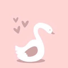 Cute swan and hearts. Cartoon pattern, print, card, poster for children.