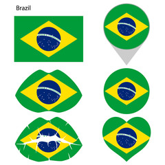 Flag of Brazil, set. Correct proportions, lips, imprint of kiss, map pointer, heart, icon. Abstract concept. Vector illustration on white background.