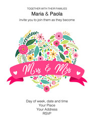 Beautiful feminine wedding floral invitation for same-sex couple