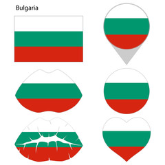 Flag of Bulgaria, set. Correct proportions, lips, imprint of kiss, map pointer, heart, icon. Abstract concept. Vector illustration on white background.