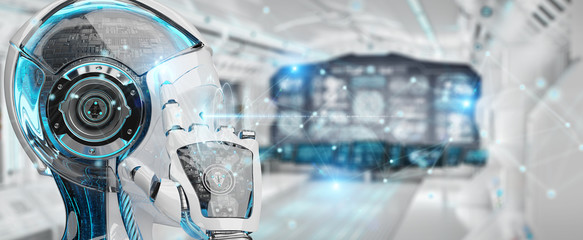 White woman robot using digital network connection 3D rendering