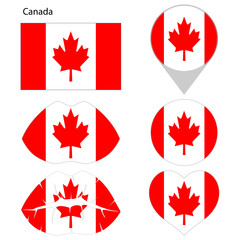 lag of Canada, set. Correct proportions, lips, imprint of kiss, map pointer, heart, icon. Abstract concept. Vector illustration on white background.