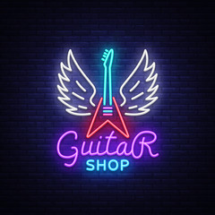 Guitar shop neon sign vector. Design template Guitar Store logo in neon style, light banner, bright neon night signboard, emblem for store with musical instruments. Vector illustration