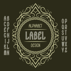 Vintage label template in patterned frame. Isolated logo design elements and alphabet.