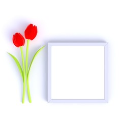 Flower with blank white picture frame abstract minimal white background, Nature concept, 3d rendering