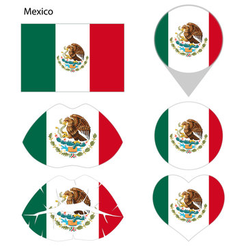 Flag of Mexico, set. Correct proportions, lips, imprint of kiss, map pointer, heart, icon. Abstract concept. Vector illustration on white background.