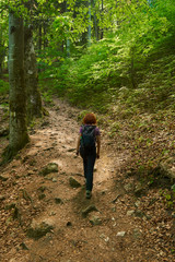 Naklejka na ściany i meble Woman hiking on a mountain trail