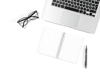 Office workplace minimal flat lay Laptop notebook glasses white