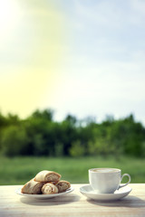 cup of coffee and cookie on wooden table in the summer garden.