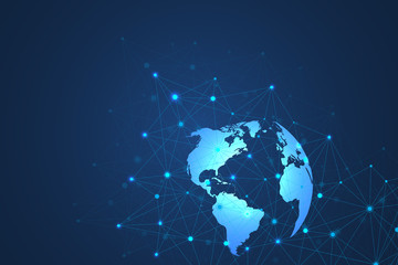 Global network connections with world map. Internet connection background. Abstract connection structure. Polygonal space background. Vector illustration.